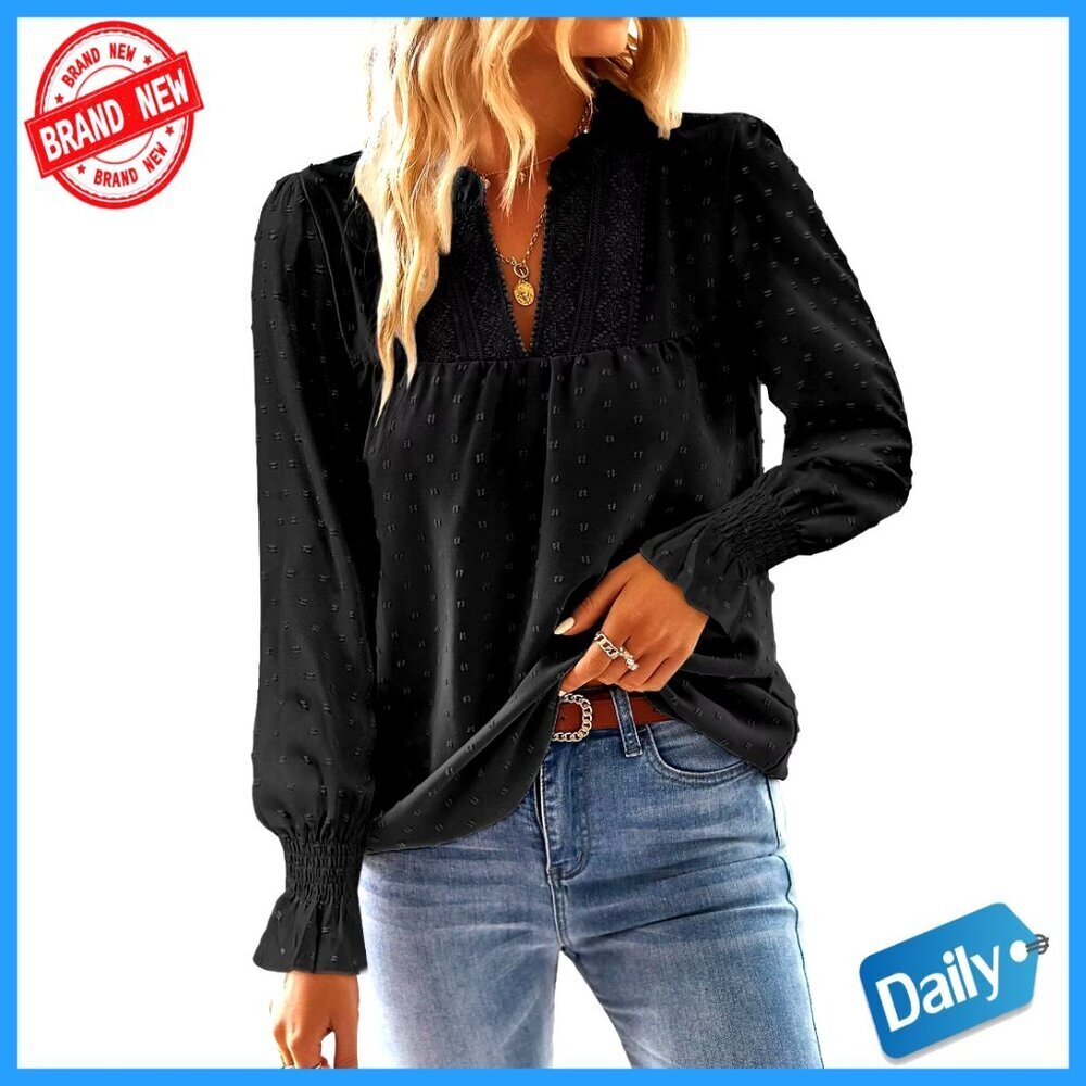 V-Neck Blouse with Crochet Lace and Swiss Dot, Butterfly Sleeves, Dressy Casual